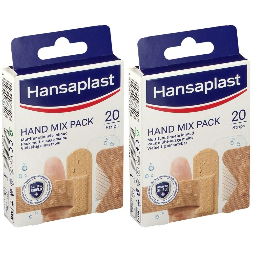 Deux boîtes de Hansaplast Hand Mix Pack avec 20 pansements. Inscription: Multifunctionele inhoud, Pack multi-usage mains, Vielseitig einsetzbar.
