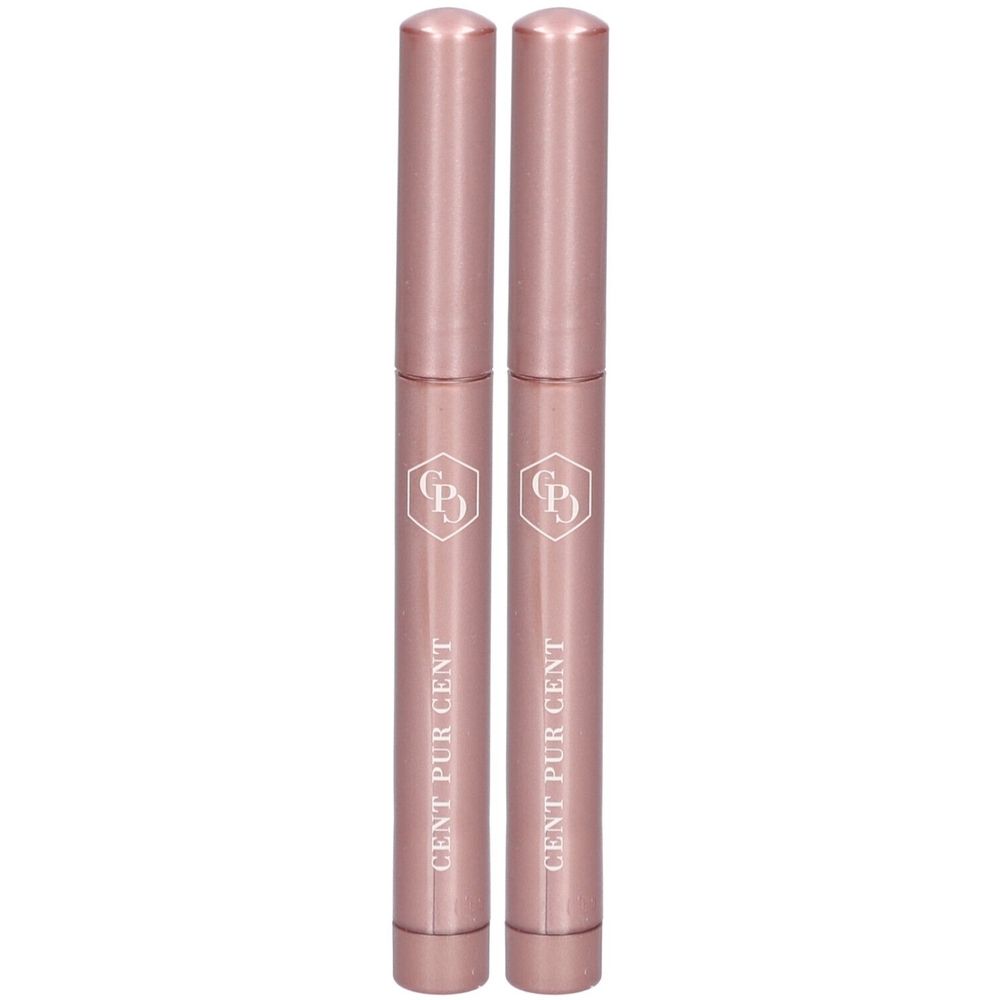 Deux sticks cylindriques rose doré. Inscription : CENT PUR CENT. Logo : CP avec un diamant stylisé.