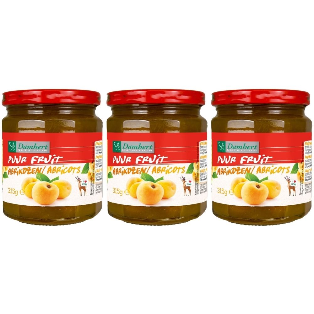 Trois pots de confiture avec couvercles rouges. Inscription: Damhert Puur Fruit Abrikozen/Abricots. Illustration d'abricots.
