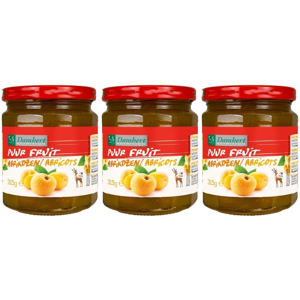 Trois pots de confiture avec couvercles rouges. Inscription: Puur Fruit, Abrikozen/Abricots. Illustration d'abricots.
