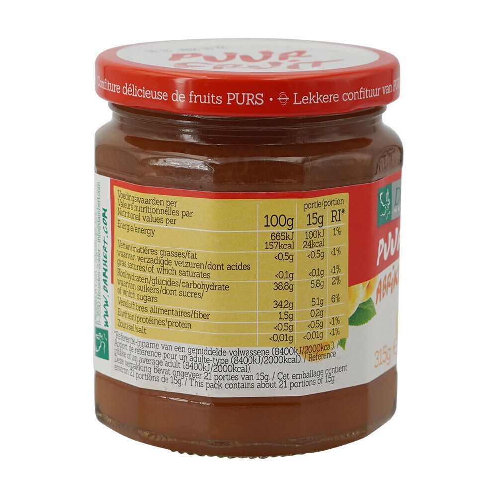 Pot de confiture avec couvercle rouge. Dos avec informations nutritionnelles et liste des ingrédients. Inscription: Puur Fruit, Abrikozen/Abricots.