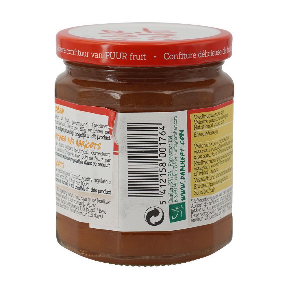 Pot de confiture avec couvercle rouge. Dos avec code-barres et informations. Inscription: Puur Fruit, Abrikozen/Abricots.