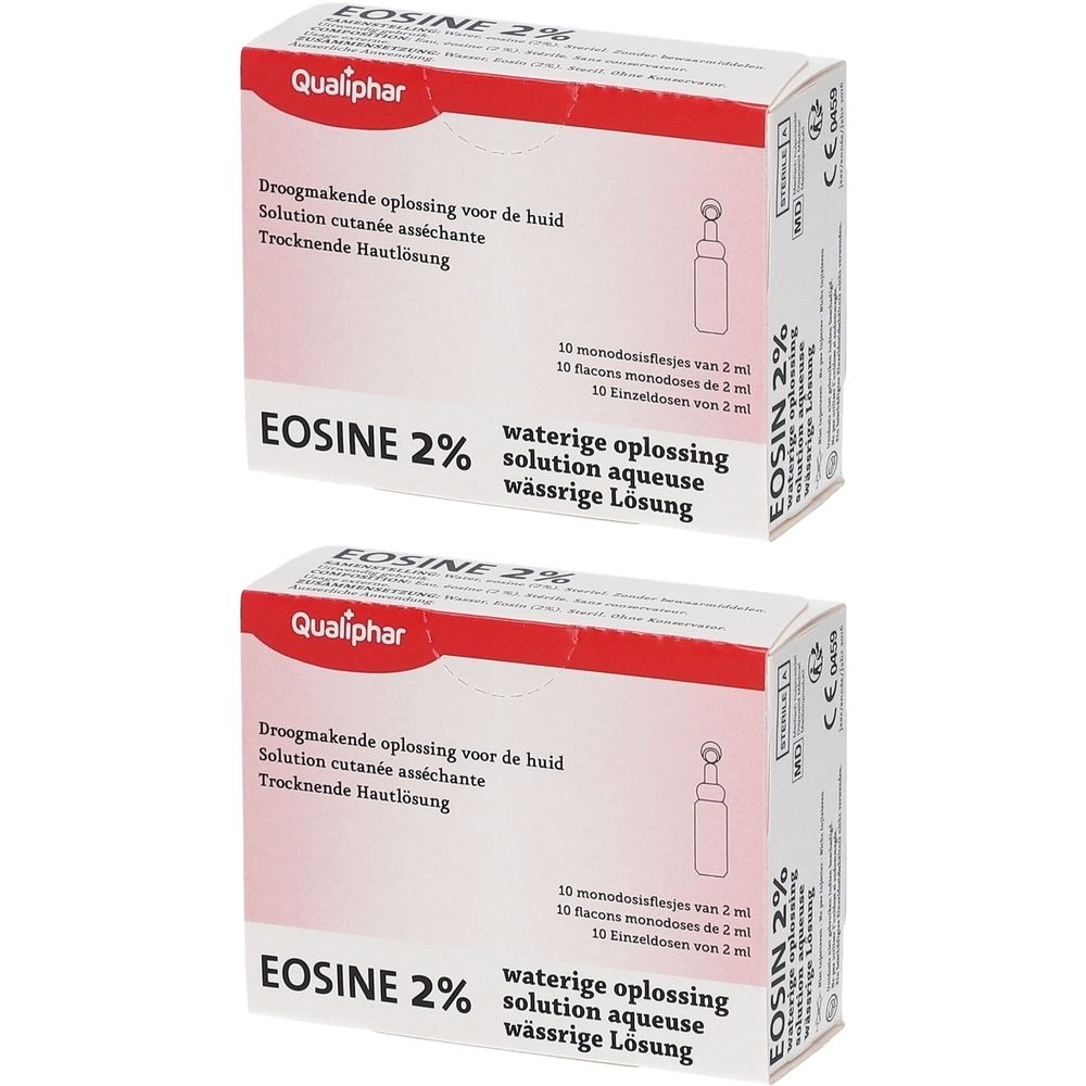 Deux boîtes de Eosine 2% Qualiphar. Inscriptions multilingues. Contient 10 flacons unidoses.