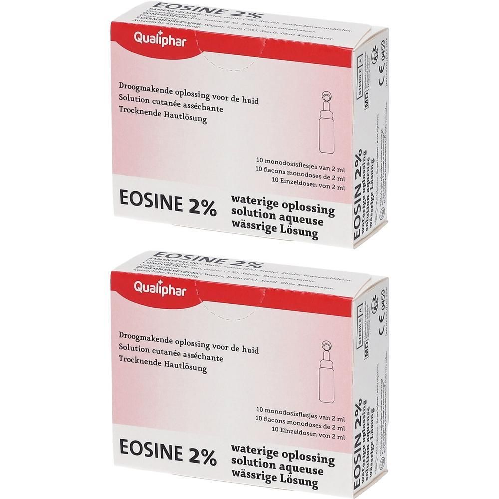 Deux boîtes de Qauliphar Eosine 2%. Boîtes blanches avec texte rouge. Texte en néerlandais, français et allemand.