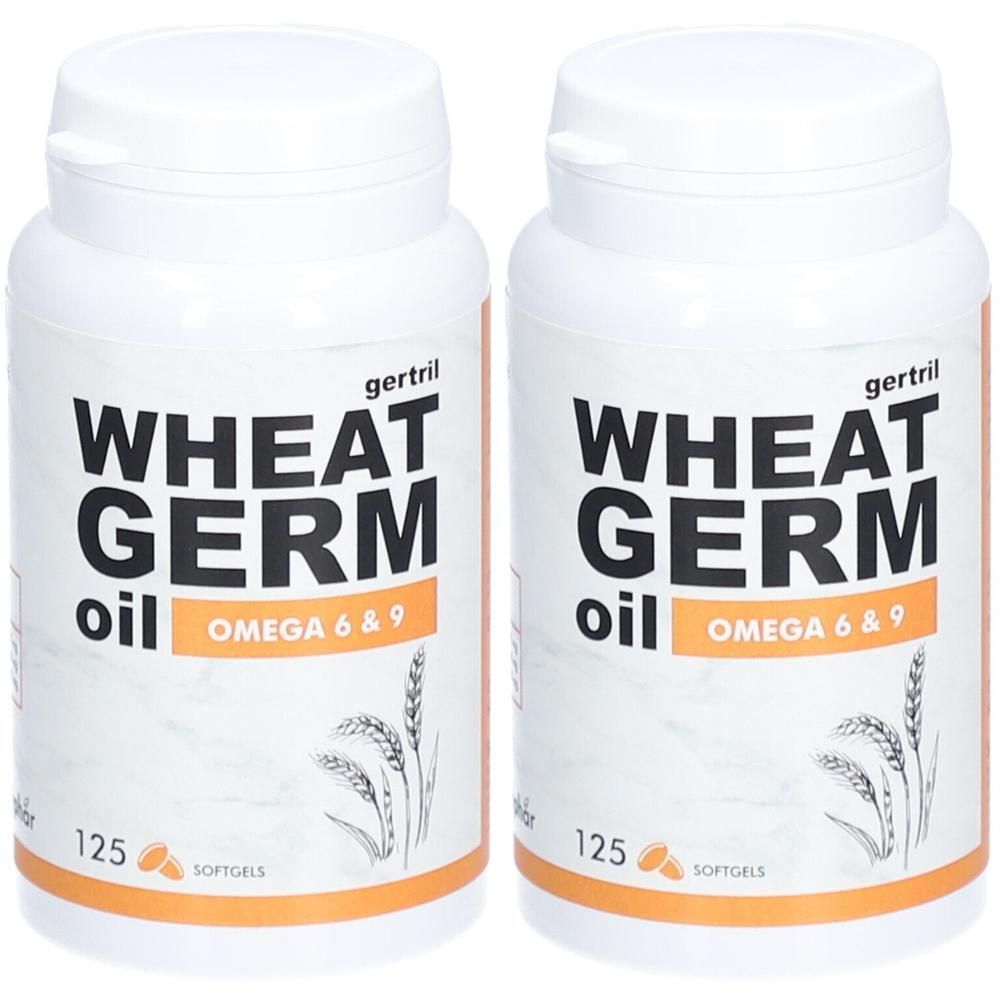 Deux flacons blancs avec impression noire: WHEAT GERM oil, Omega 6 & 9. Inscription: 125 Softgels.