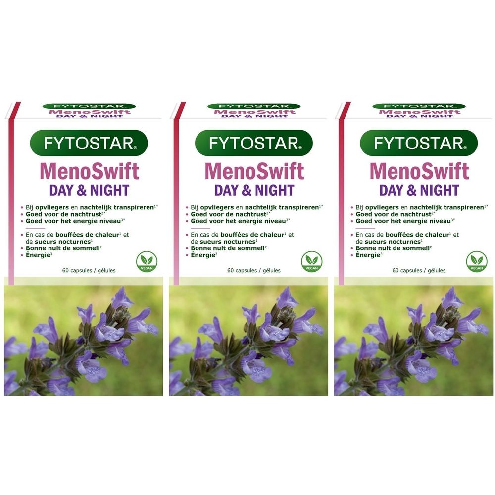 Trois boîtes de produit. Texte : FYTOSTAR, MenoSwift DAY & NIGHT. 60 gélules. Fond floral.