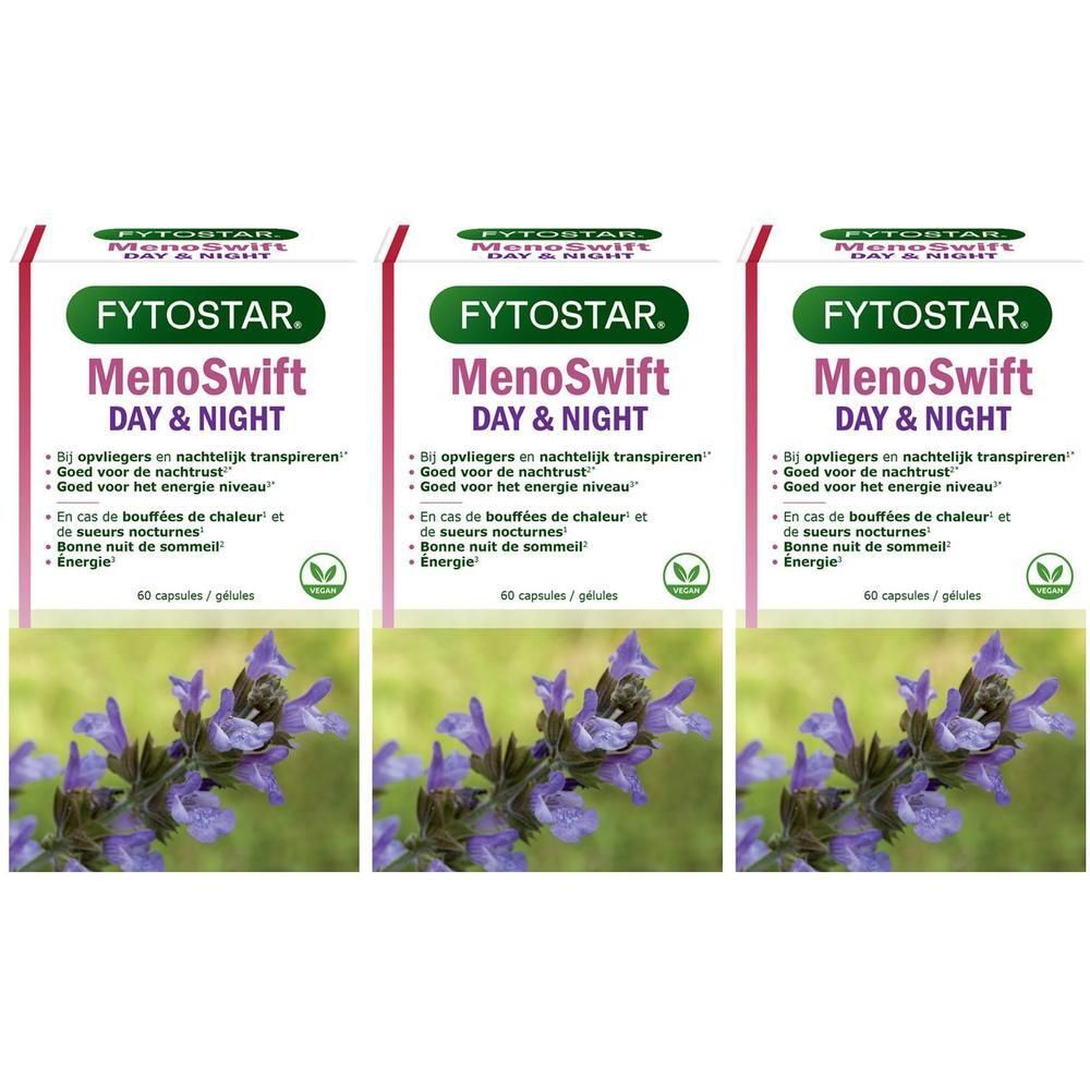Trois boîtes de capsules Fytostar Menoswift Jour & Nuit avec motif de fleurs de lavande.