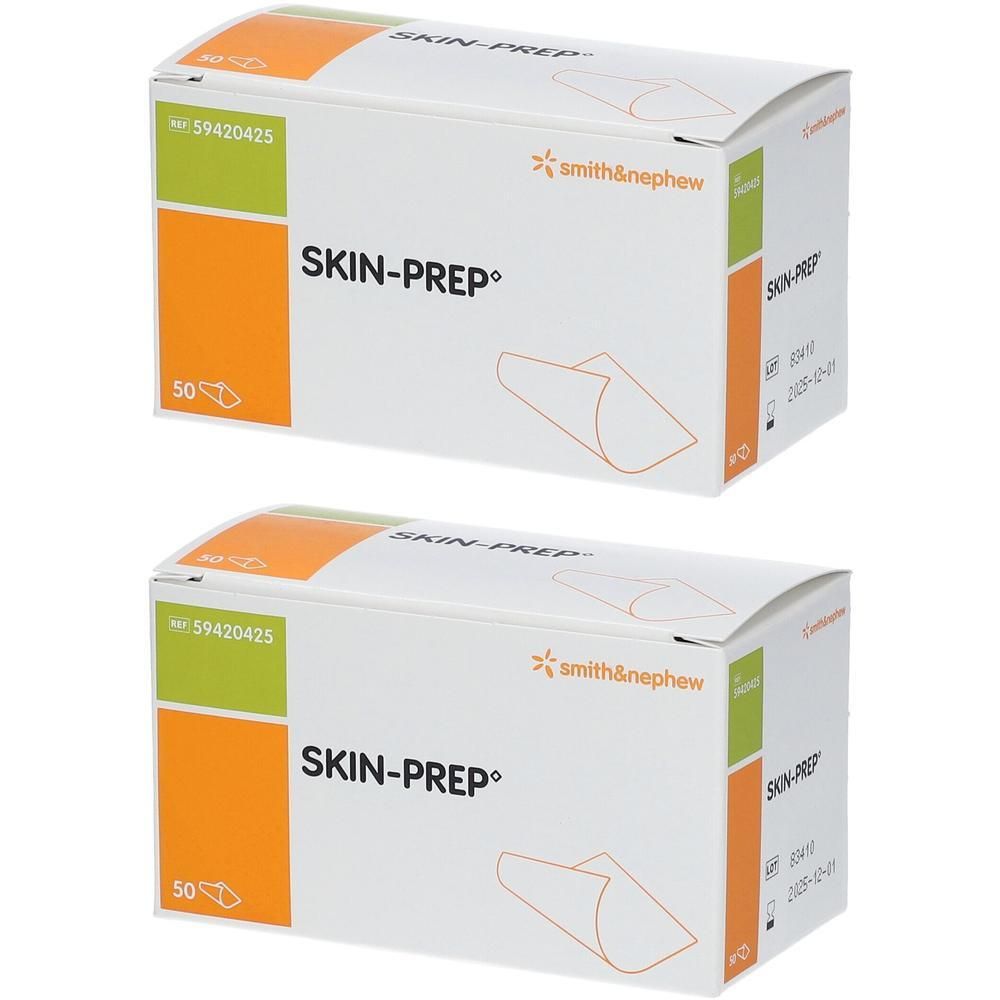 Deux boîtes de Skin-Prep. Blanches, avec des accents orange et verts. Inscription Skin-Prep et logo Smith & Nephew.