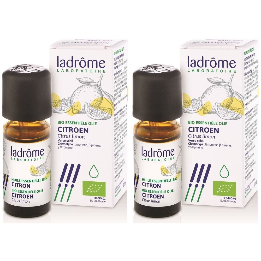 Deux flacons avec bouchon noir et emballage carton. Sur l'emballage, on lit "ladrôme" et "CITROEN". Label bio.