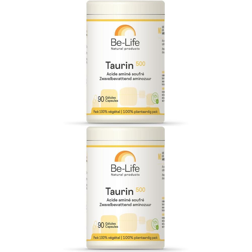 Deux boîtes Be-Life Taurin 500. Inscription: Taurin 500, 90 gélules, 100% végétal. Éléments jaunes et oranges.