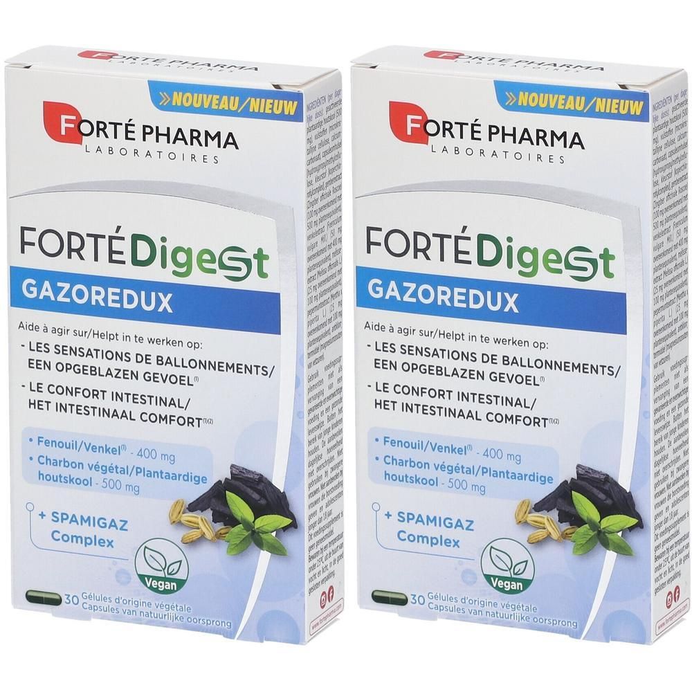 Deux boîtes de Forté Digest Gazoredux. Emballage blanc avec nom et logo du produit. Contient des gélules.