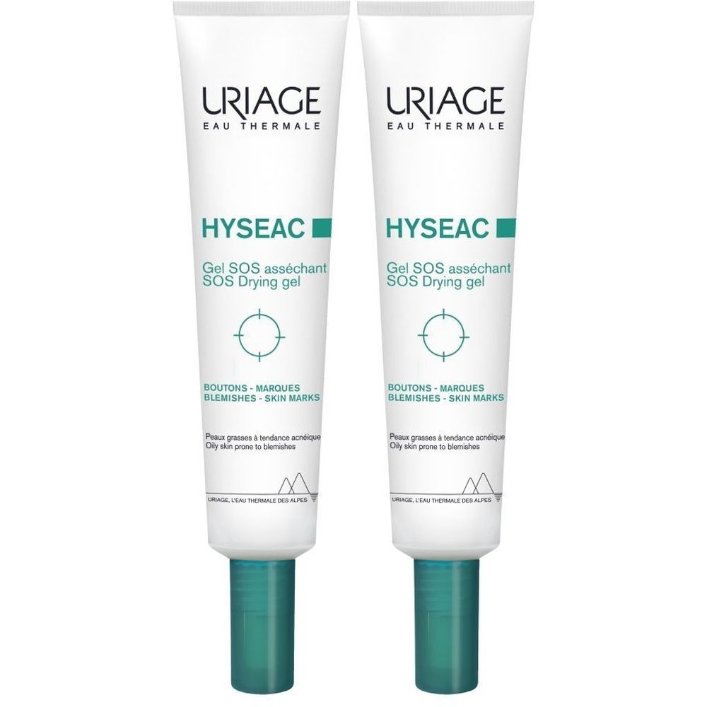 Deux tubes de gel Uriage Hyseac SOS asséchant. Tubes blancs avec détails verts. Texte : Hyseac, Gel SOS asséchant, BOUTONS-MARQUES.