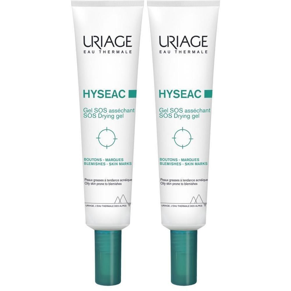 Deux tubes de gel Uriage Hyseac SOS. Blanc, accents verts. Texte: Hyseac, Gel SOS asséchant, Drying gel. Pour peaux à imperfections.