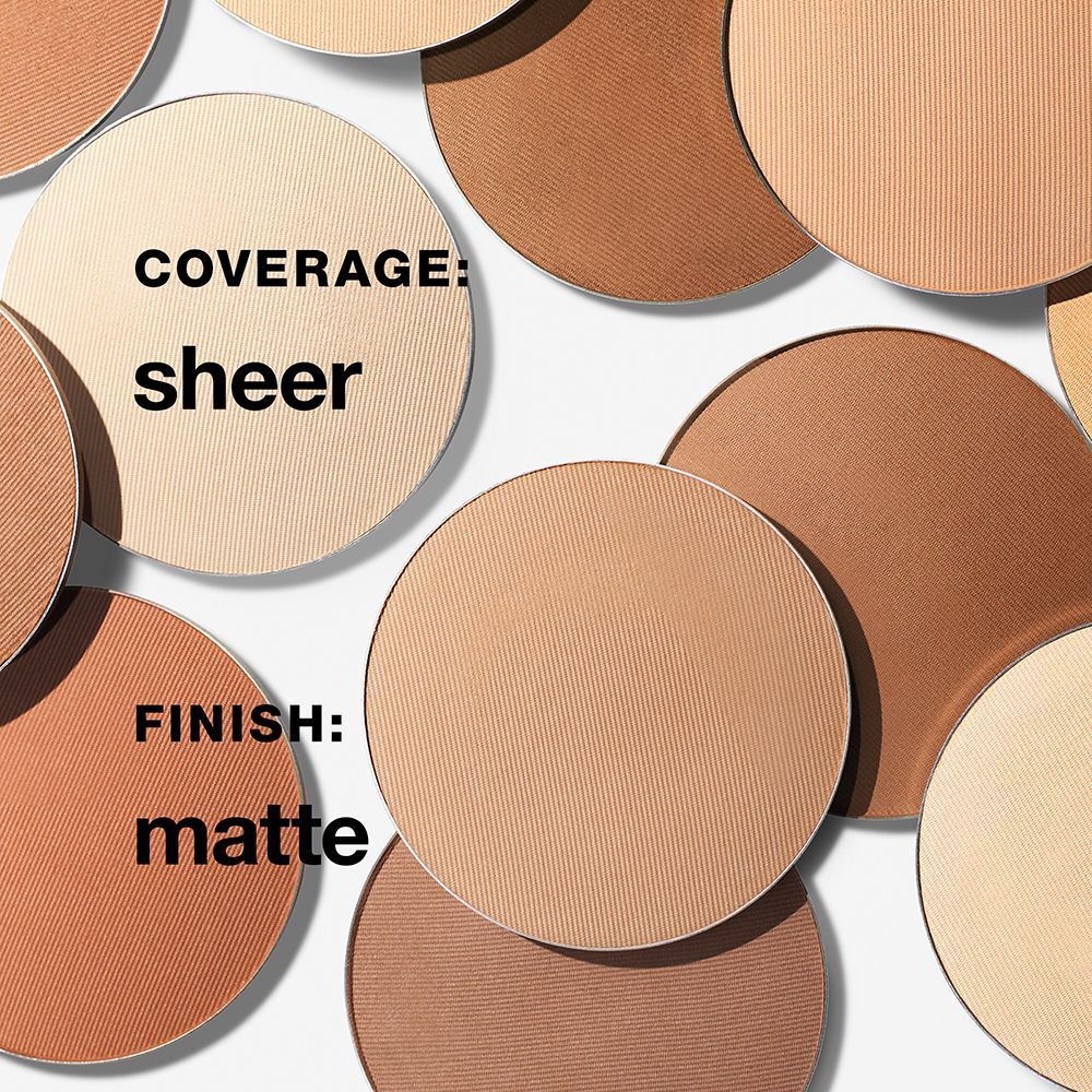 Diverses couleurs de poudres rondes. Texte : 'COVERAGE: sheer' et 'FINISH: matte'. Sur fond blanc.