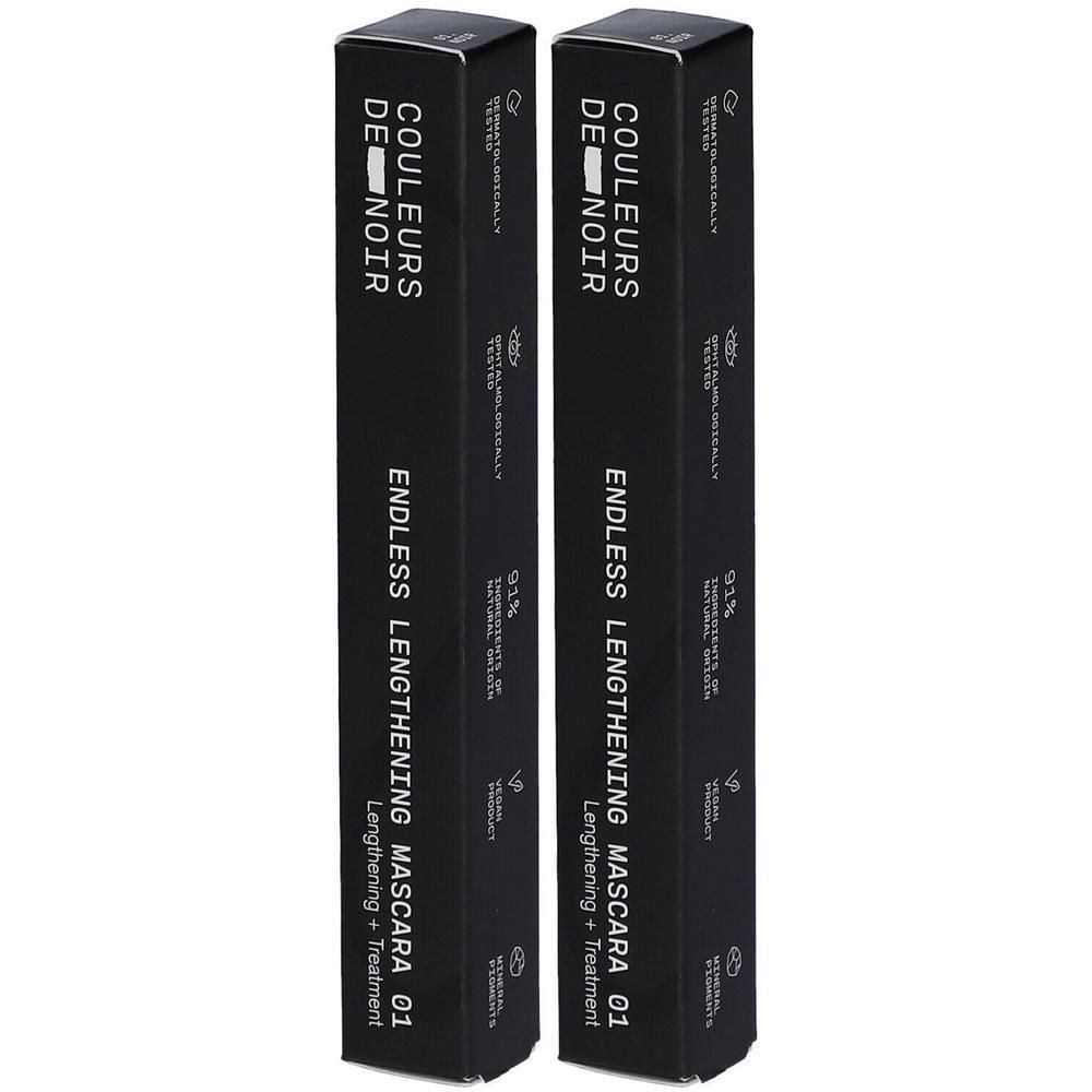 Deux boîtes noires de mascara. Inscription : Couleurs de Noir, Endless Lengthening Mascara 01 Noir.