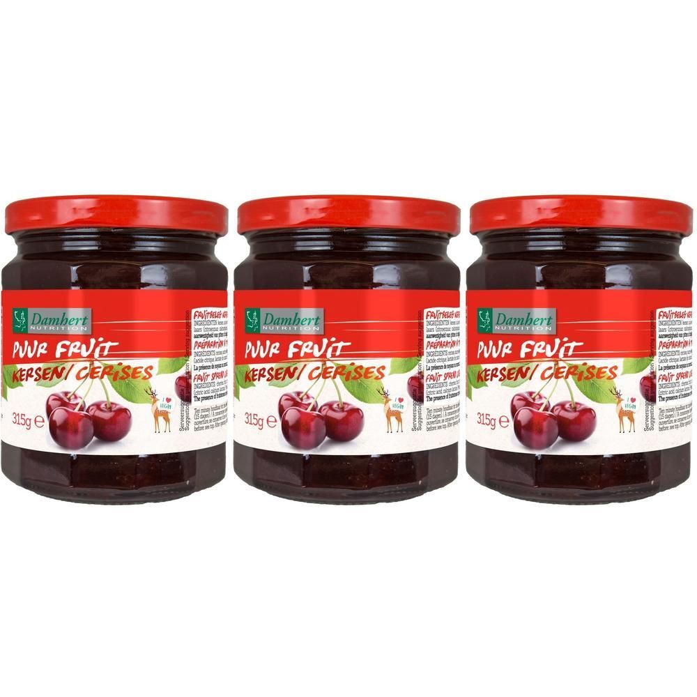 Trois pots de confiture Damhert Puur Fruit aux cerises. Étiquettes rouges, couvercles rouges. Image de cerises.