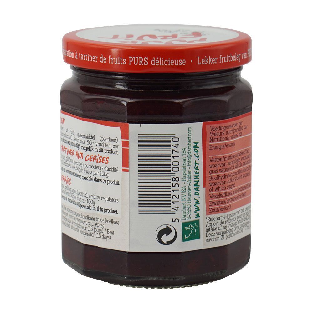 Dos d'un pot de confiture Damhert Puur Fruit aux cerises. Code-barres et texte. Couvercle rouge.