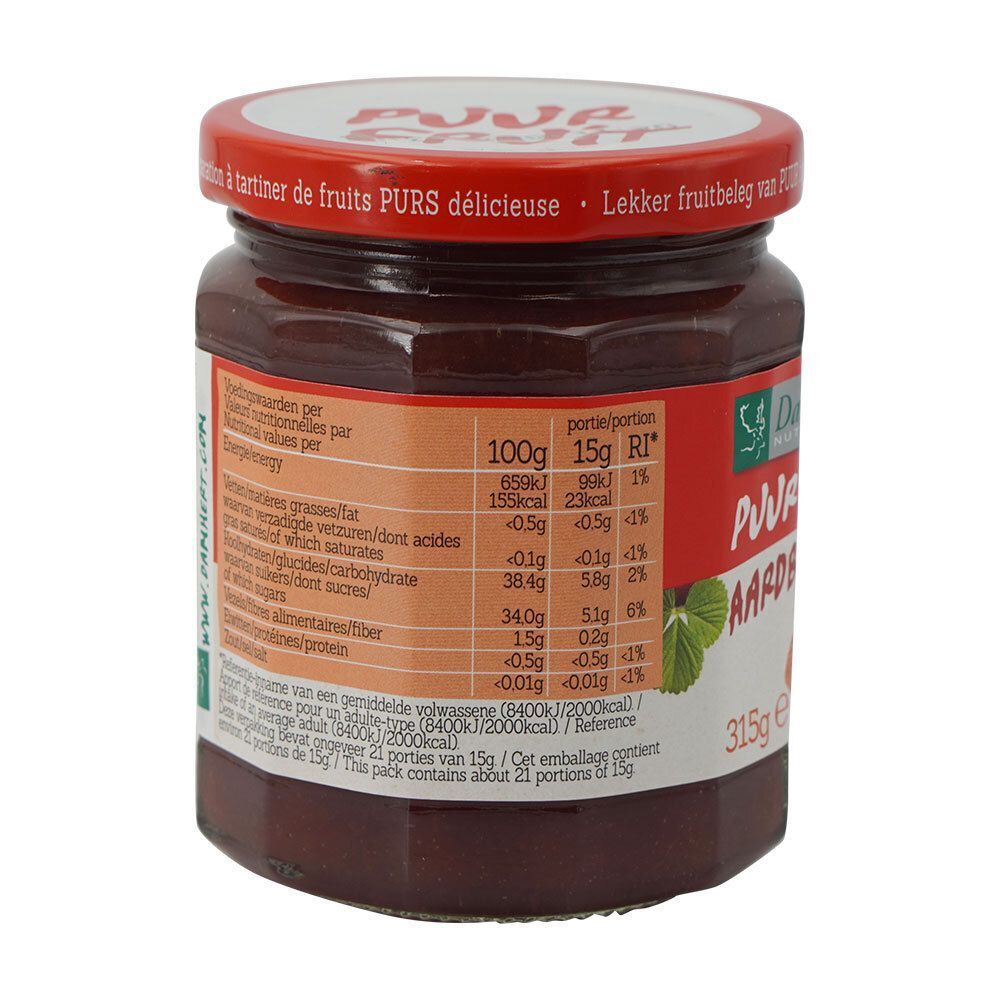 Dos d'un pot de confiture Damhert Puur Fruit aux fraises. Informations nutritionnelles. Couvercle rouge.