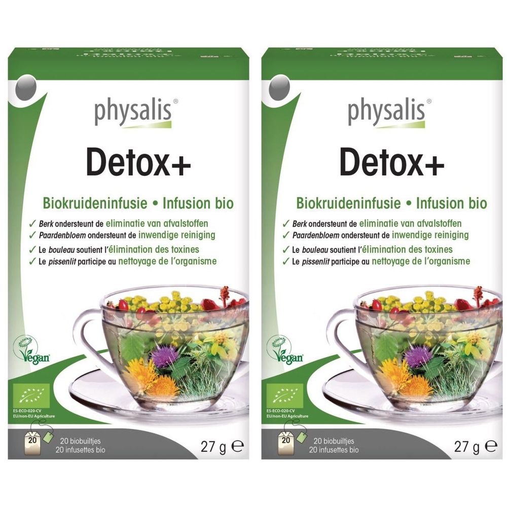 Deux boîtes de Physalis Detox+ Infusion bio. Emballage vert et blanc avec nom du produit et tasse d'herbes.