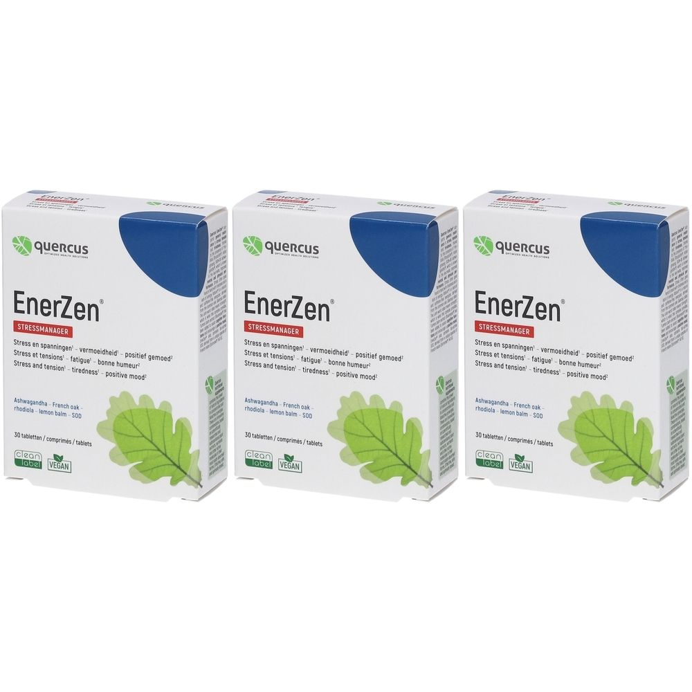 Trois boîtes de EnerZen Stressmanager. Emballage blanc avec couvercle bleu, logo vert et feuille de chêne. Texte en plusieurs langues.