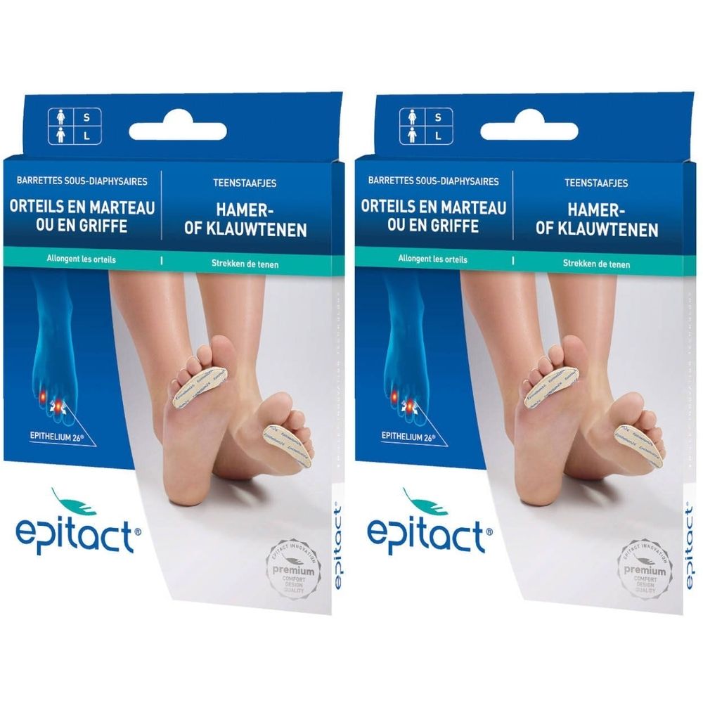 Deux boîtes de barrettes Epitact®. Inscription : Orteils en marteau ou en griffe. Image du produit avec des pieds.