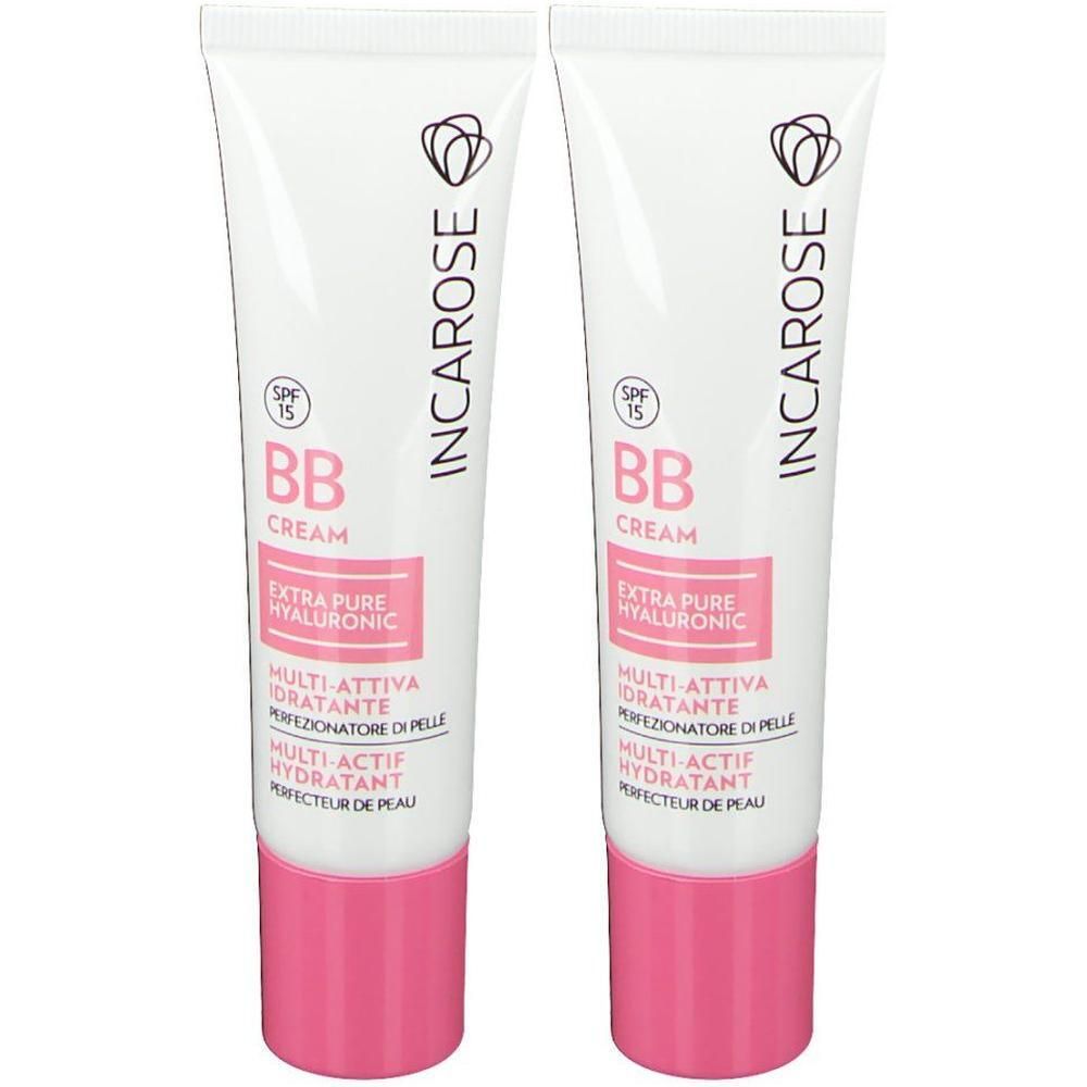 Deux tubes de crème Incarose BB SPF 15. Tubes blancs avec bouchons roses. Texte: BB Cream, Extra Pure Hyaluronic, Multi-Attiva Idratante.