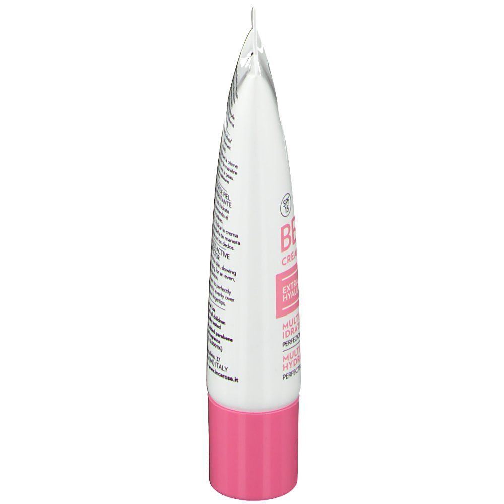 Vue latérale d'un tube de crème Incarose BB. Blanc avec bouchon rose. Texte: BB Cream, Extra Pure Hyaluronic, Multi-Attiva Idratante.