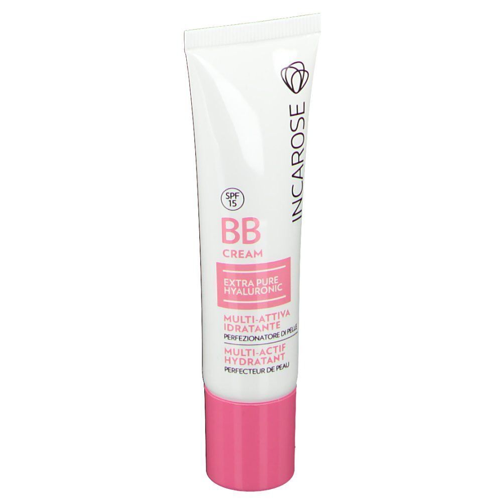 Un tube de crème Incarose BB SPF 15. Tube blanc avec bouchon rose. Texte: BB Cream, Extra Pure Hyaluronic, Multi-Attiva Idratante.
