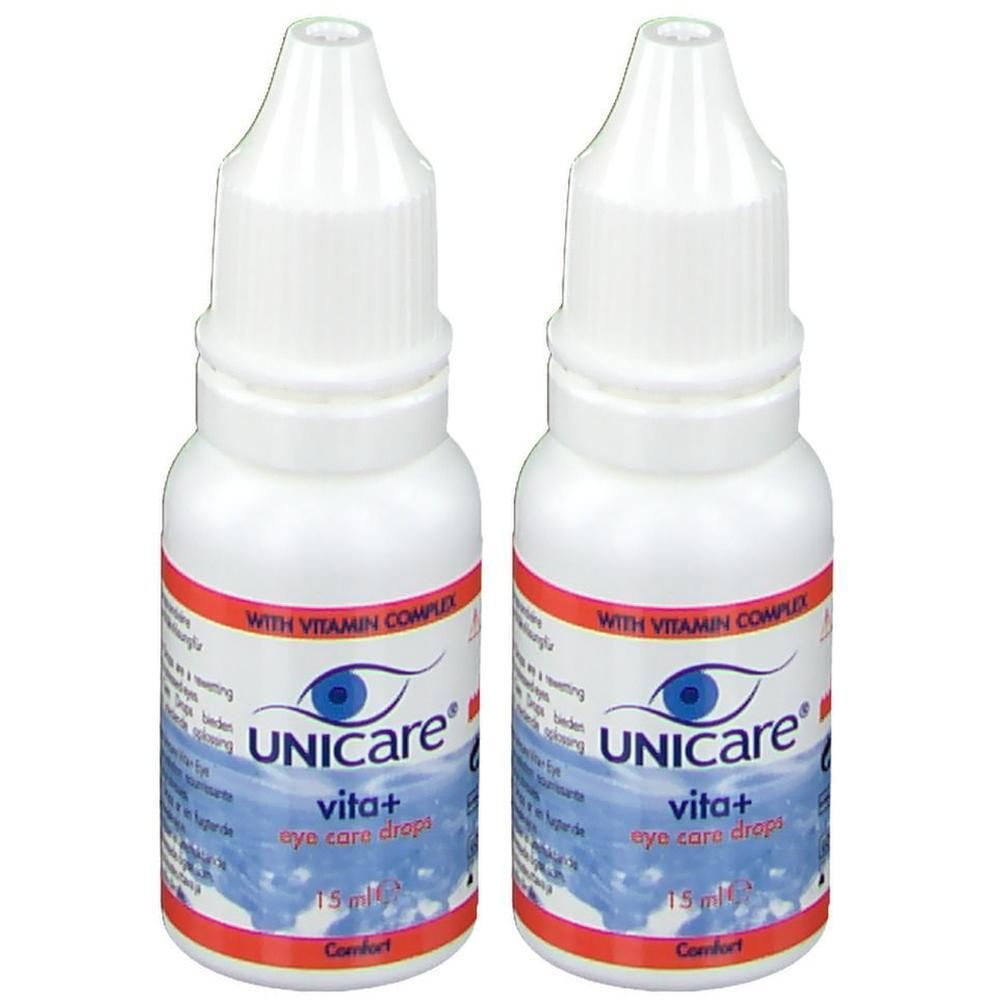 Deux flacons blancs Unicare Vita+ gouttes pour les yeux. Impression rouge et bleue. Avec complexe vitaminé. 15 ml.