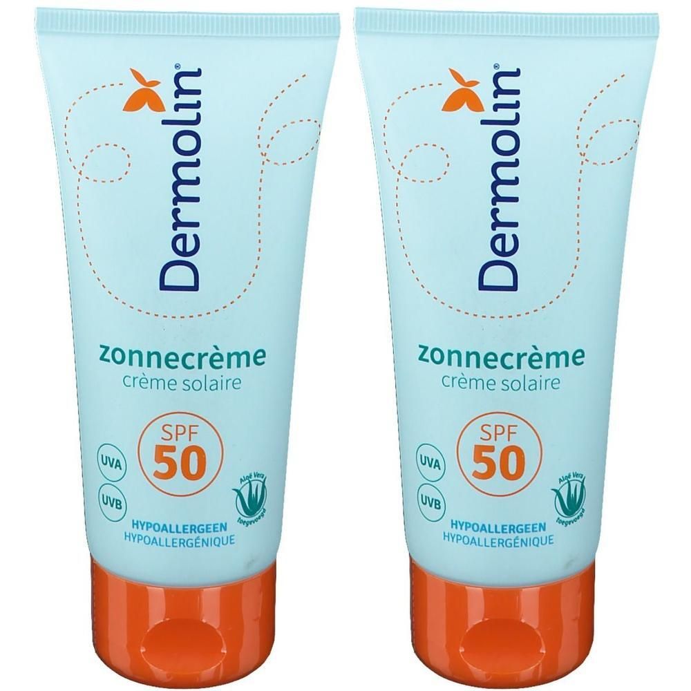 Deux tubes de crème solaire Dermolin® SPF 50. Tubes bleu clair avec bouchons orange. Inscription : Zonnecrème, crème solaire.