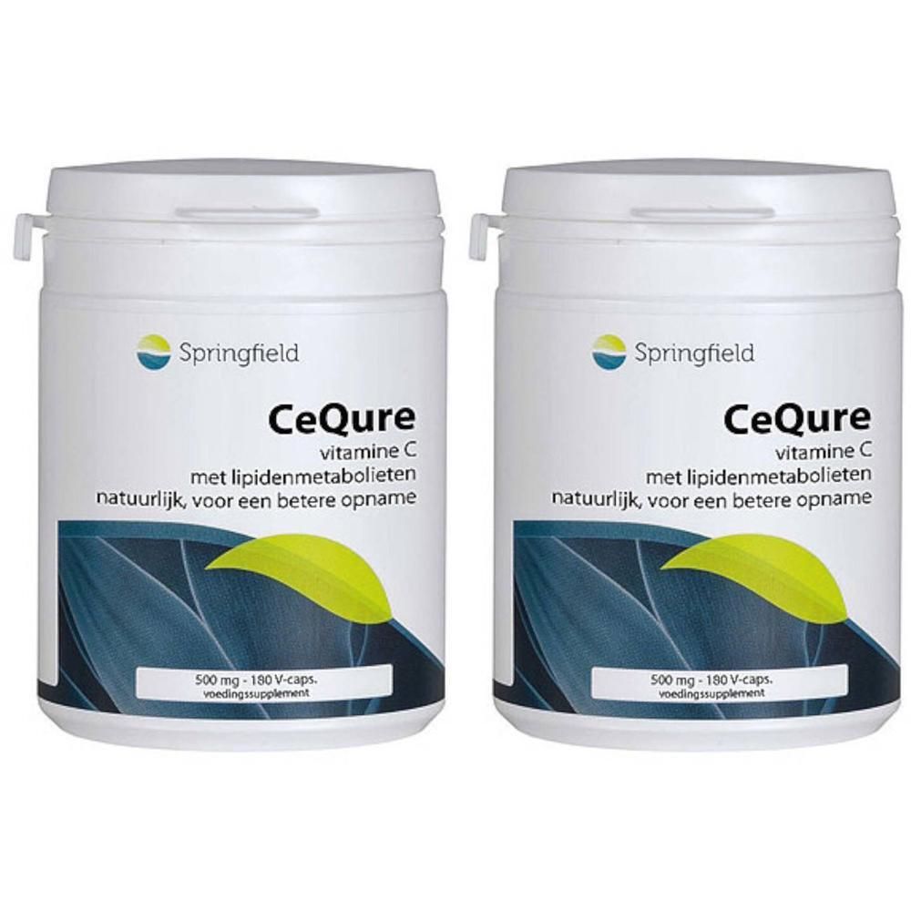 Deux contenants blancs avec l'inscription Springfield CeQure vitamine C. Logo feuille jaune. 500 mg, 180 gélules.