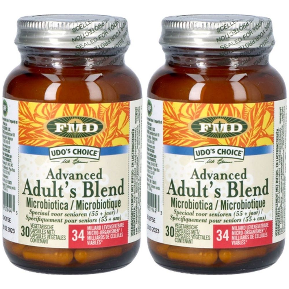 Deux flacons en verre brun avec des gélules. Inscription : Udo's Choice Advanced Adult's Blend Microbiotica. 30 gélules, 34 milliards de cellules viables.