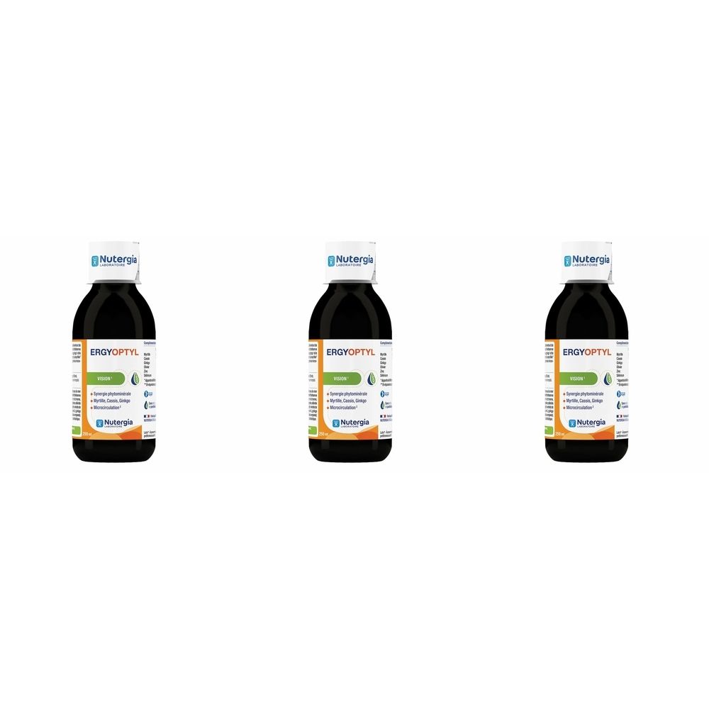 Trois flacons de liquide foncé. Étiquettes avec nom du produit et logo. Bouchons blancs. Inscription : Ergyoptyl.