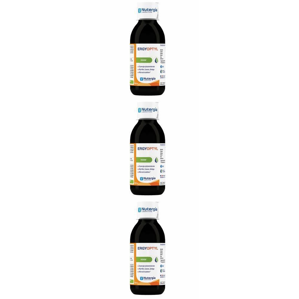 Trois flacons de liquide noir. Étiquette avec nom du produit et logo. Bouchon blanc.
