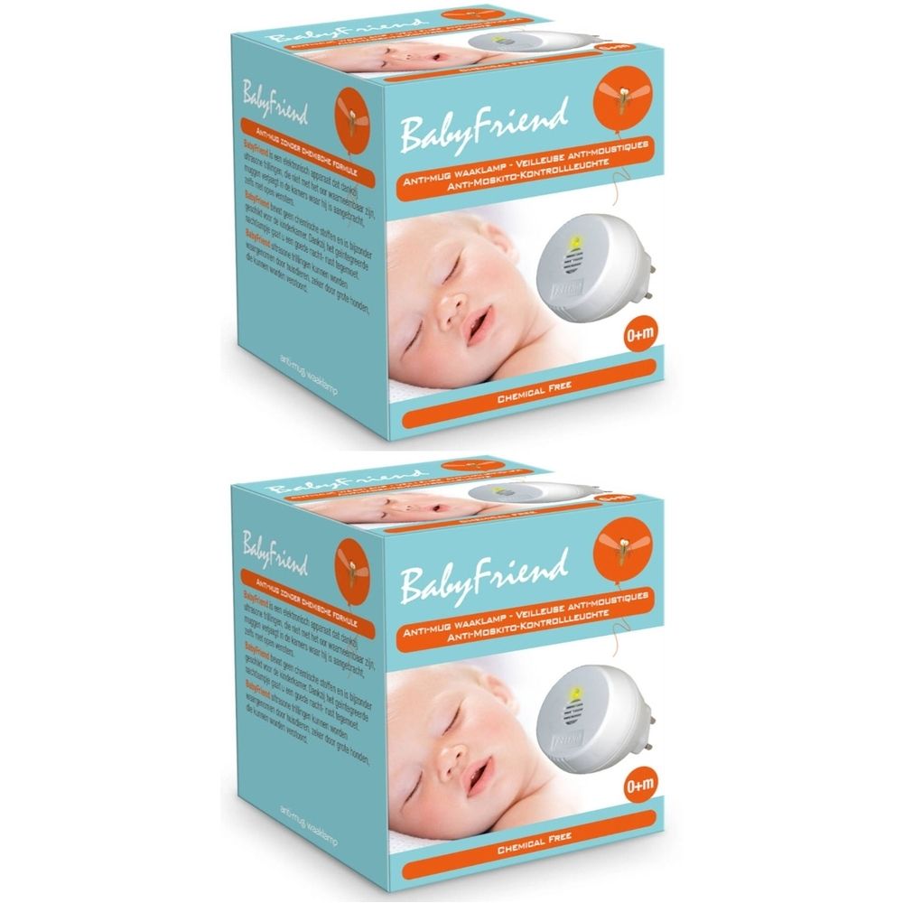 Deux boîtes BabyFriend. Anti-moustiques avec veilleuse. Image d'un bébé et du produit. Inscription "Chemical Free".