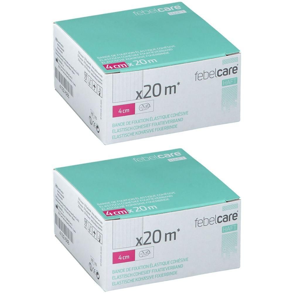 Deux boîtes. Inscription : febelcare, 4 cm x 20 m. Emballage turquoise et blanc.
