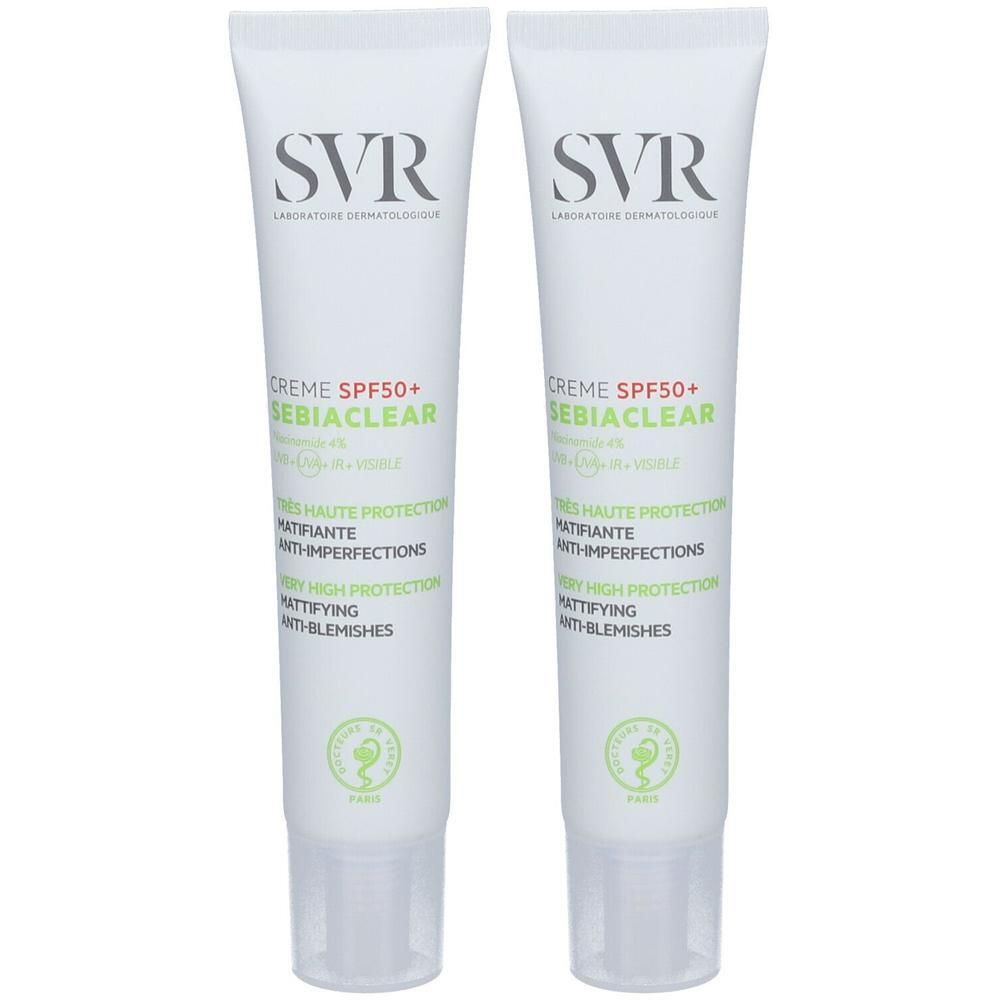 Deux tubes de SVR SEBIACLEAR Crème SPF50+. Tubes blancs avec texte vert et noir. Inscription : Crème SPF50+ SEBIACLEAR.