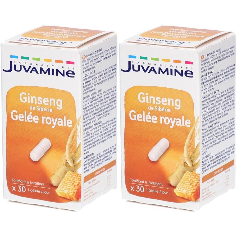 Deux boîtes de Juvamine Gelée Royale Ginseng de Sibérie, chacune contenant 30 gélules.