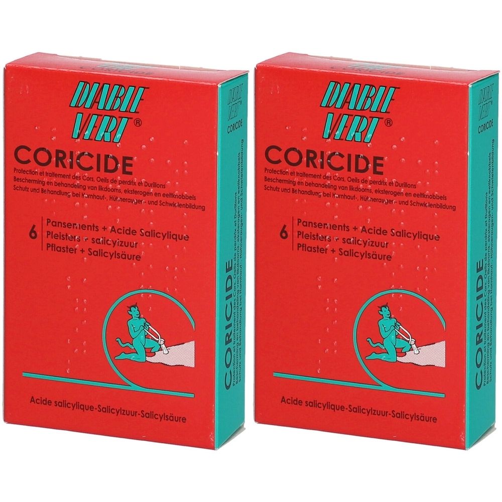Deux boîtes rouges avec le nom "CORICIDE". Inscription: "Pansements + Acide salicylique".