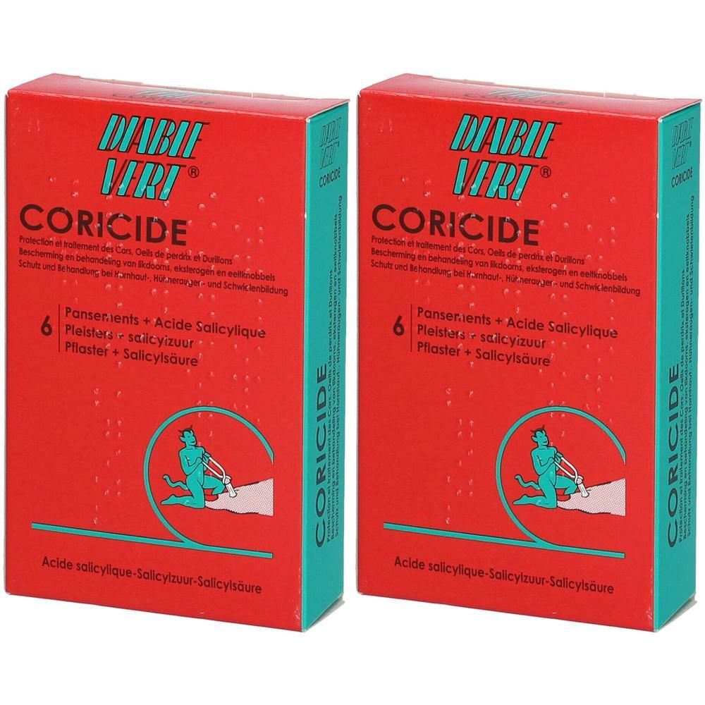 Deux boîtes rouges "Diable Vert Coricide". Contient 6 pansements à l'acide salicylique. Inscription verte et blanche.