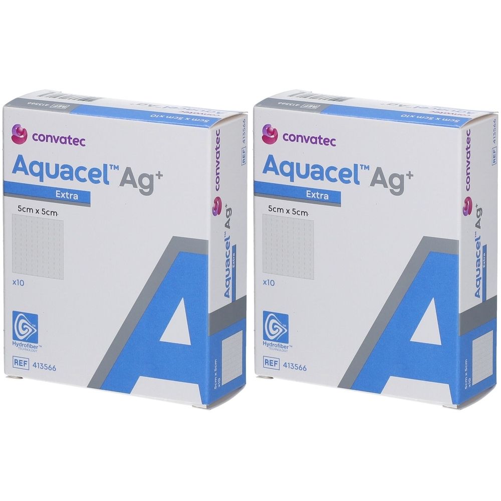 Deux boîtes de pansements Aquacel Ag+ Extra Hydrofiber. Dimensions : 5cm x 5cm. Marque : Convatec.