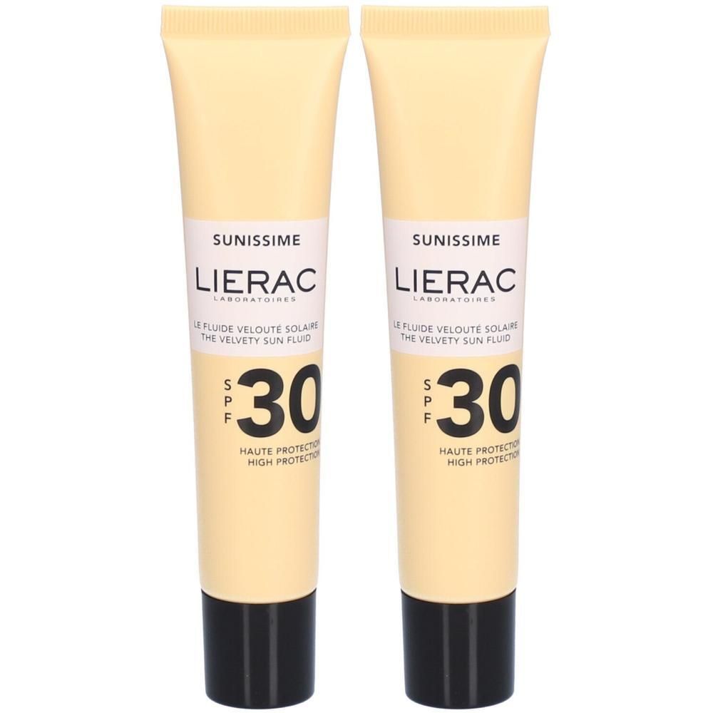 Deux tubes de LIERAC Sunissime SPF 30. Tubes beiges avec bouchons noirs. Nom du produit et SPF clairement visibles.