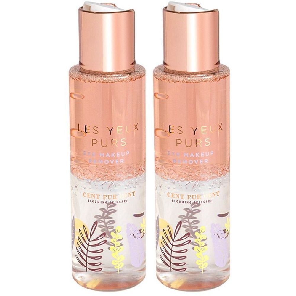 Deux flacons de nettoyant liquide rose. Inscription : LES YEUX PURS, démaquillant. Marque : CENT PUR CENT.