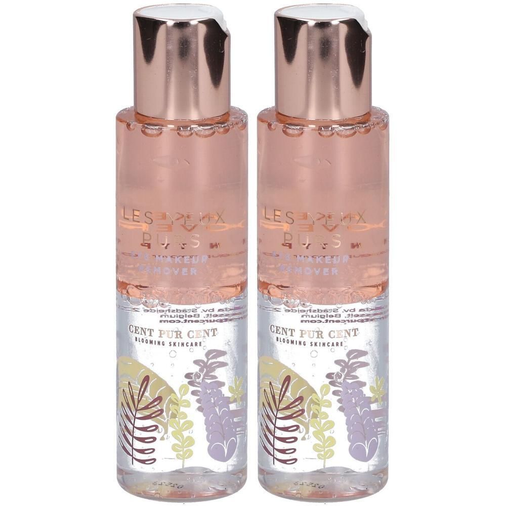 Deux flacons de démaquillant pour les yeux. Liquide clair, bouchon rose, imprimé floral. Logo CENT PUR CENT.