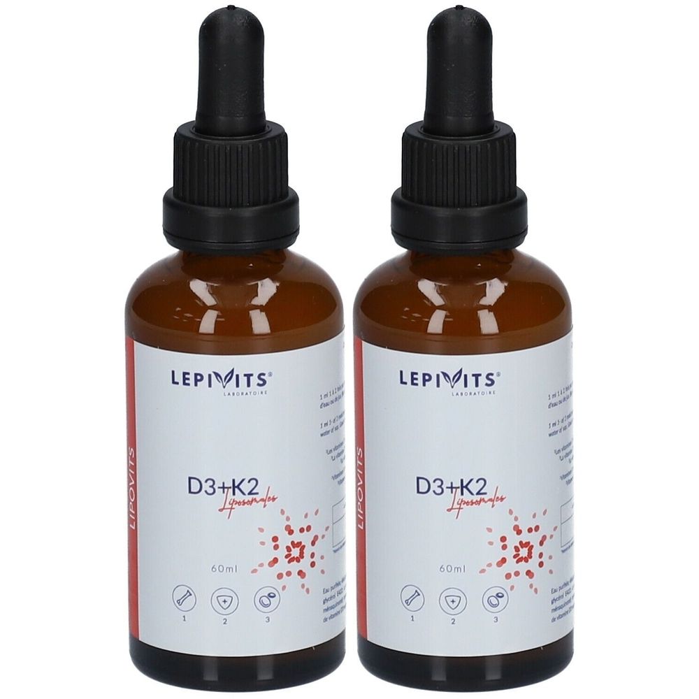 Deux flacons en verre brun avec bouchons noirs et pipettes. Les étiquettes indiquent "LEPIVITS" et "D3+K2 Liposomales".