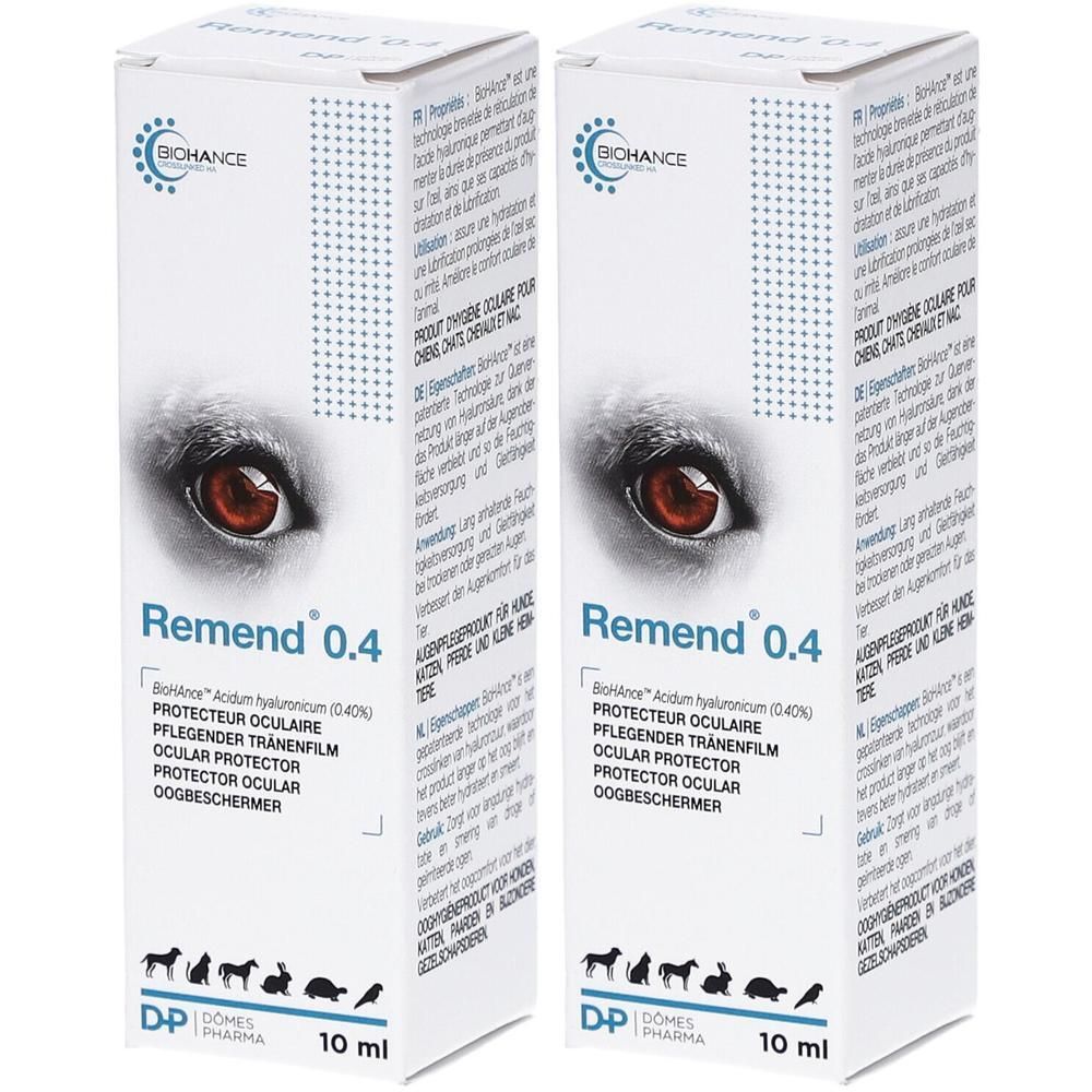 Deux boîtes blanches avec impression du produit. Inscription : Remend 0.4, 10 ml. Logo : BIOHANCE. Image d'un œil de chien.
