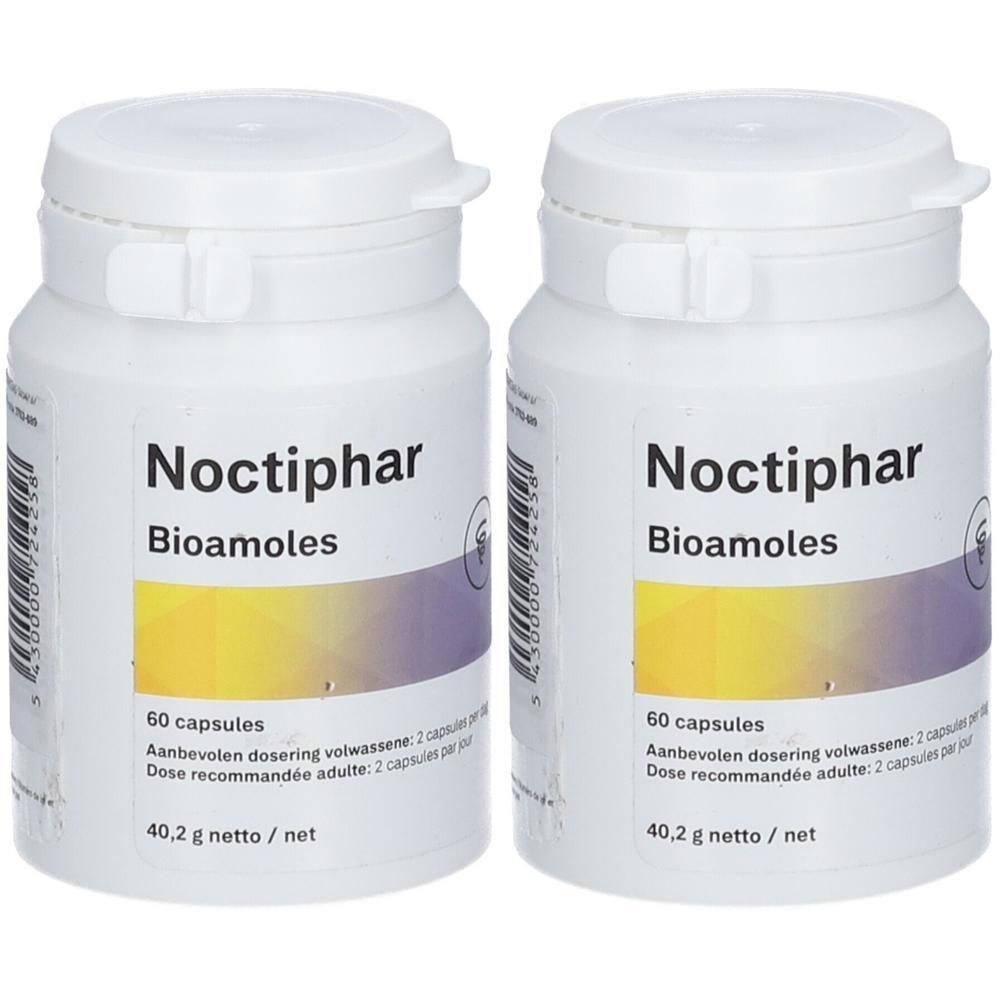 Deux contenants blancs de capsules Noctiphar Bioamoles. Chaque contenant contient 60 capsules.