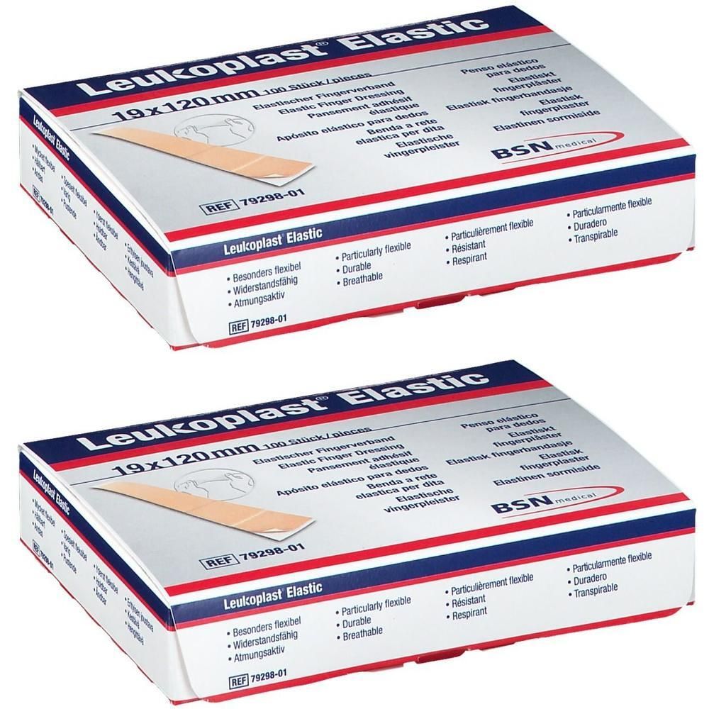 Deux boîtes de Leukoplast® Elastic, 19 x 120 mm. Inscription : Particulièrement flexible, respirant, durable. BSN medical.