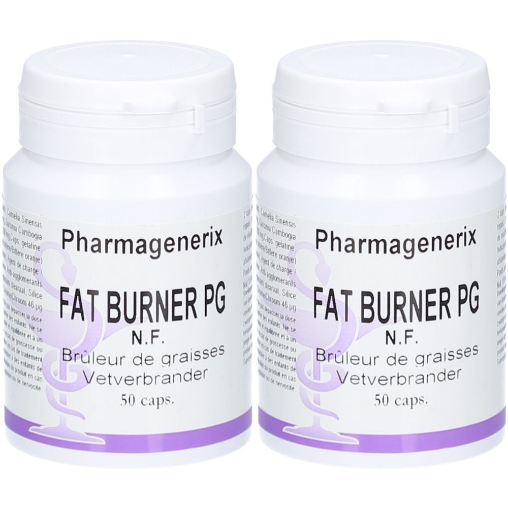 Deux flacons blancs avec l'inscription "Pharmagenerix FAT BURNER PG". Inscription : "Brûleur de graisses", "Vetverbrander", "50 caps."