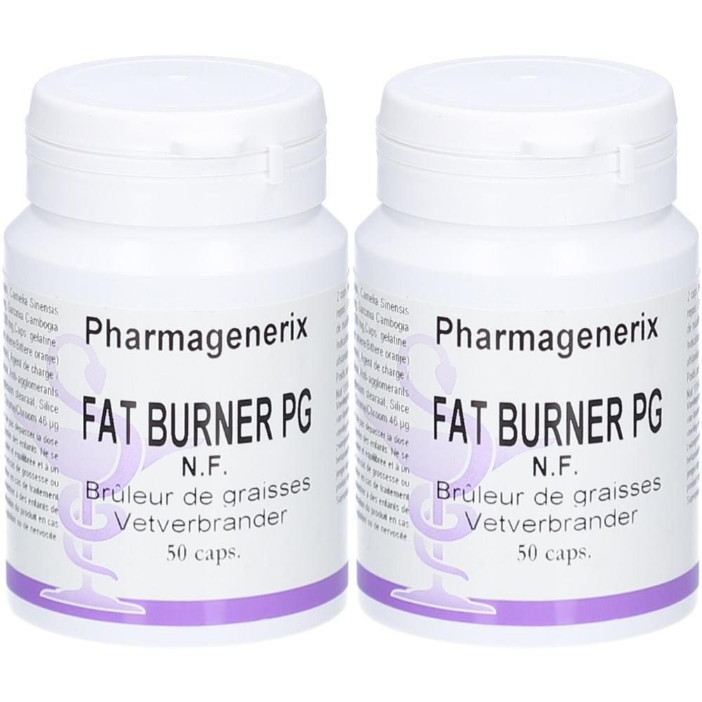 Deux flacons blancs avec étiquettes violettes. Inscription: Pharmagenerix FAT BURNER PG, N.F., Brûleur de graisses, Vetverbrander, 50 caps.